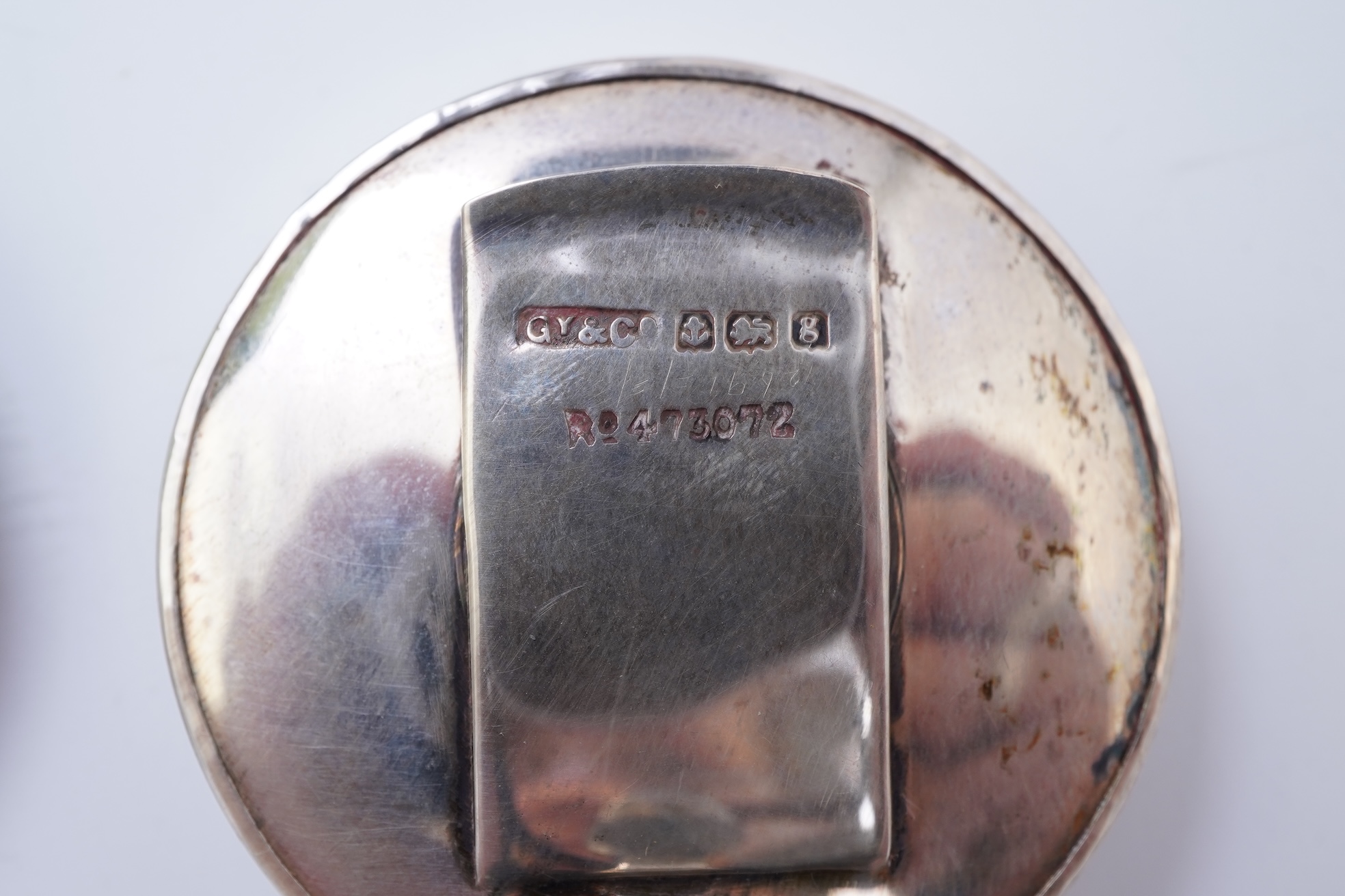 A set of four early 20th century silver mounted fishing related novelty menu holders, by Grey & Co, housed in a red leather case with gilt initials RV